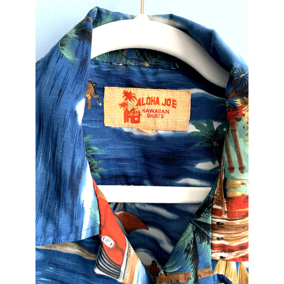 ALOHA JOE Hawaiian Shirt Surf Boards Aloha Tiki Vtg Mens Large LG Sh Sleeve Blue - Picture 3 of 13